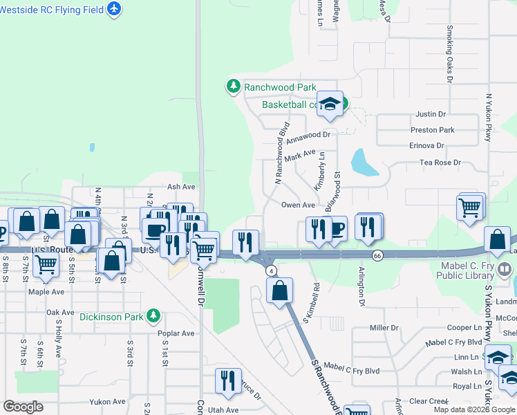 map of restaurants, bars, coffee shops, grocery stores, and more near 119 North Ranchwood Boulevard in Yukon