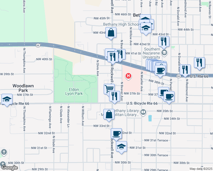 map of restaurants, bars, coffee shops, grocery stores, and more near 3903 North Rockwell Avenue in Bethany