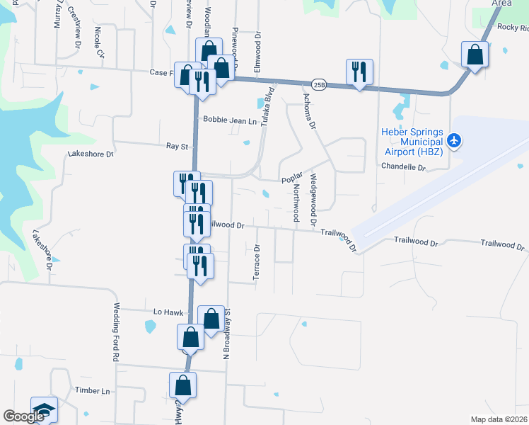 map of restaurants, bars, coffee shops, grocery stores, and more near 304 Trailwood Drive in Heber Springs