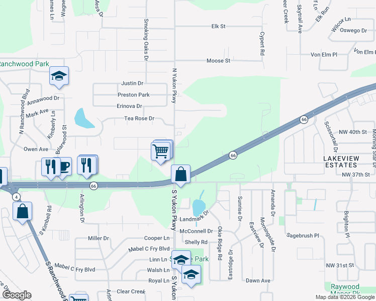 map of restaurants, bars, coffee shops, grocery stores, and more near 1101 East Main Street in Yukon
