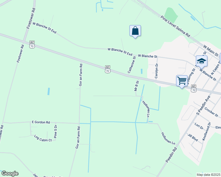 map of restaurants, bars, coffee shops, grocery stores, and more near Holloman Lane in Selma