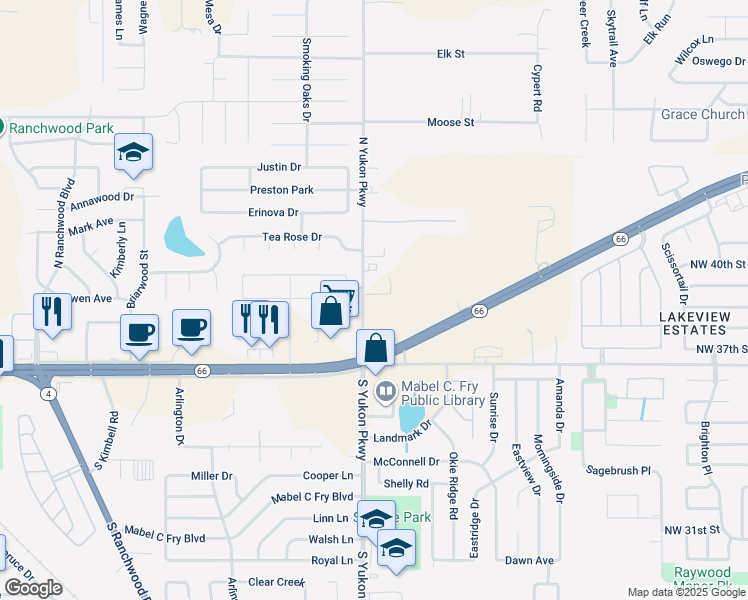 map of restaurants, bars, coffee shops, grocery stores, and more near 1101 East Main Street in Yukon