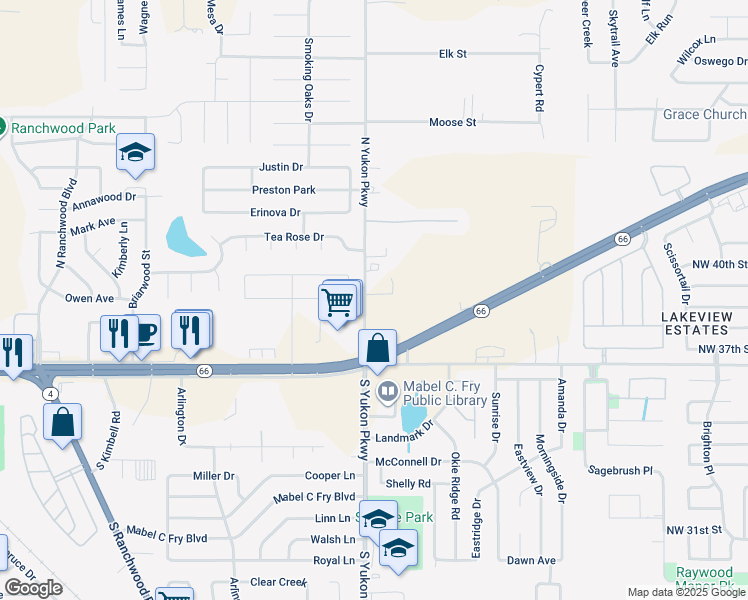 map of restaurants, bars, coffee shops, grocery stores, and more near 3807-3873 North Yukon Parkway in Yukon