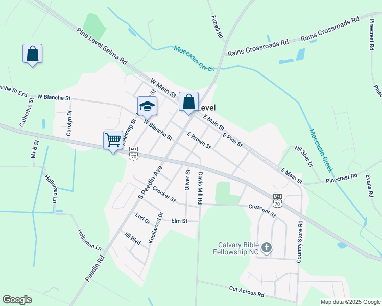 map of restaurants, bars, coffee shops, grocery stores, and more near 108 S Church St in Selma