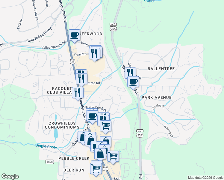map of restaurants, bars, coffee shops, grocery stores, and more near 1680 Hendersonville Road in Asheville