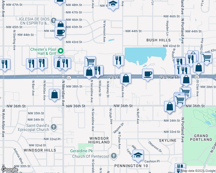 map of restaurants, bars, coffee shops, grocery stores, and more near Northwest 38th Street in Oklahoma City