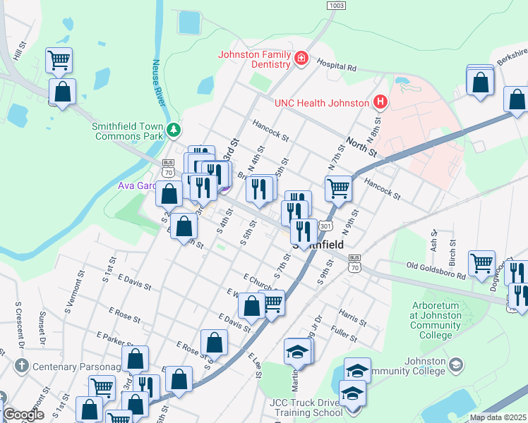 map of restaurants, bars, coffee shops, grocery stores, and more near 512 North Carolina 210 in Smithfield