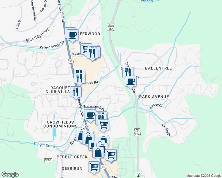 map of restaurants, bars, coffee shops, grocery stores, and more near 500 Turtle Creek Drive in Asheville