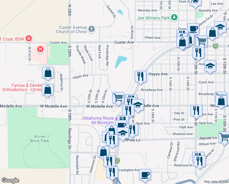 map of restaurants, bars, coffee shops, grocery stores, and more near 405 South 23rd Place in Clinton