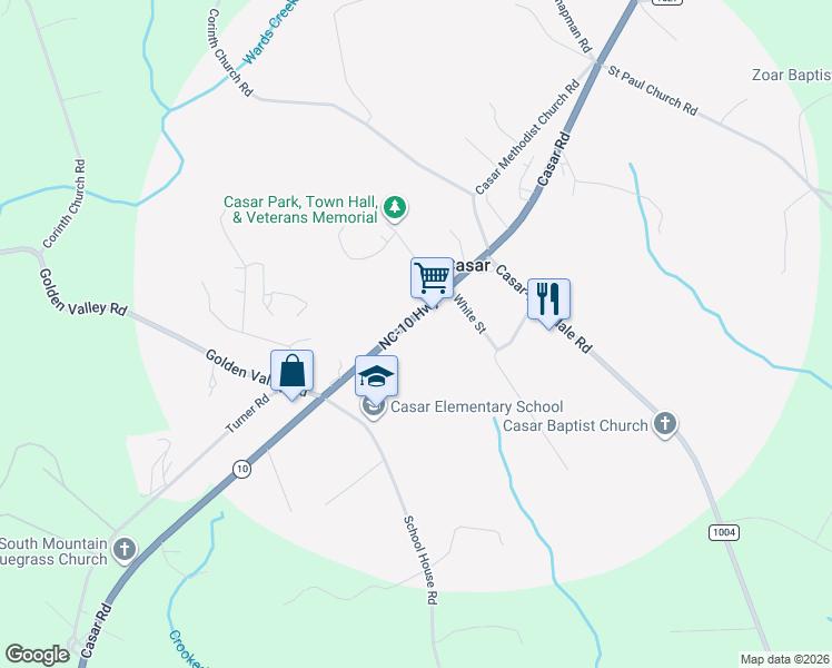 map of restaurants, bars, coffee shops, grocery stores, and more near 5724 Casar Road in Casar