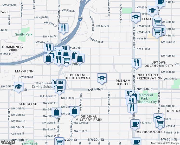 map of restaurants, bars, coffee shops, grocery stores, and more near 3808 North Indiana Avenue in Oklahoma City