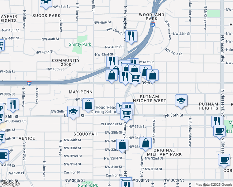 map of restaurants, bars, coffee shops, grocery stores, and more near 3821 North Barnes Avenue in Oklahoma City
