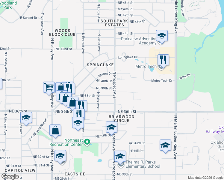 map of restaurants, bars, coffee shops, grocery stores, and more near 1400 Northeast 38th Street in Oklahoma City