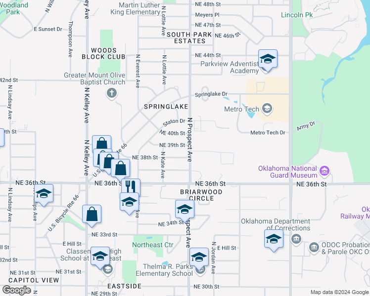 map of restaurants, bars, coffee shops, grocery stores, and more near 1416 Northeast 39th Street in Oklahoma City