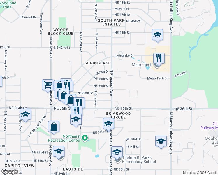 map of restaurants, bars, coffee shops, grocery stores, and more near 1416 Northeast 39th Street in Oklahoma City