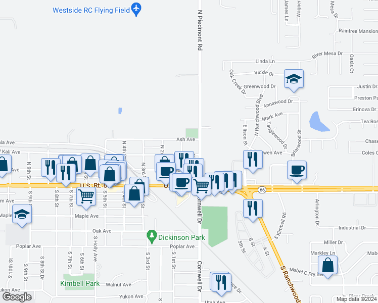 map of restaurants, bars, coffee shops, grocery stores, and more near 19 Birch Avenue in Yukon