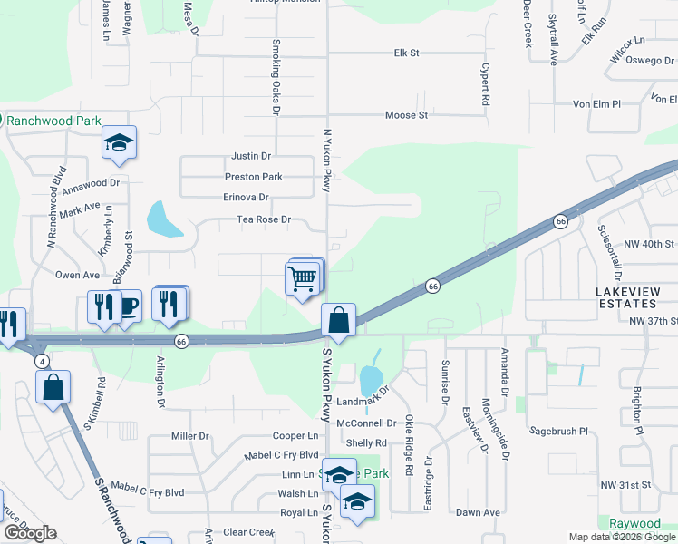 map of restaurants, bars, coffee shops, grocery stores, and more near 4100 North Mustang Road in Yukon