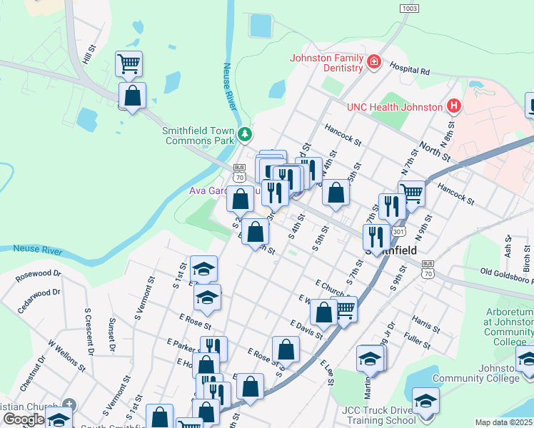 map of restaurants, bars, coffee shops, grocery stores, and more near 108 South 3rd Street in Smithfield