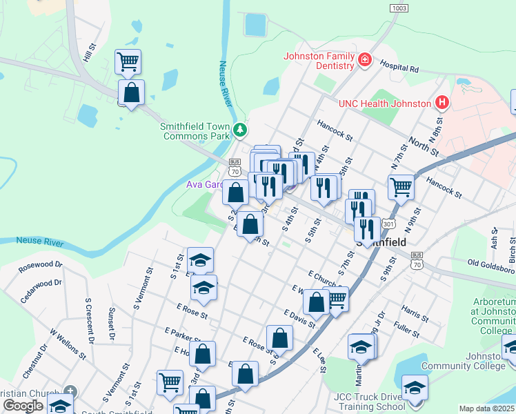map of restaurants, bars, coffee shops, grocery stores, and more near 108 South 3rd Street in Smithfield