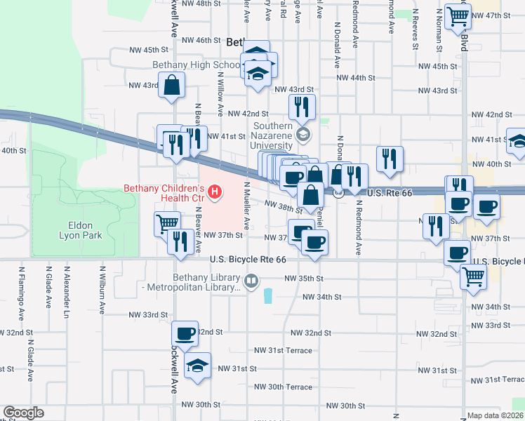 map of restaurants, bars, coffee shops, grocery stores, and more near 6728 Northwest 38th Street in Bethany