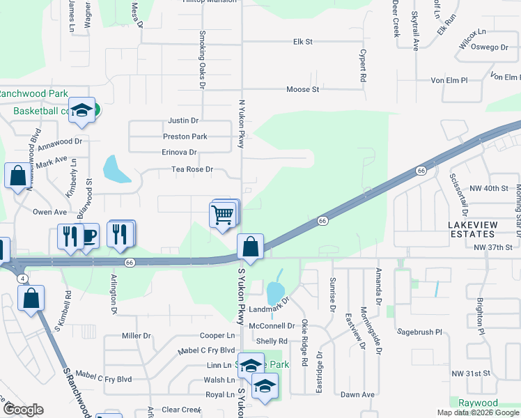map of restaurants, bars, coffee shops, grocery stores, and more near 4100 North Mustang Road in Yukon