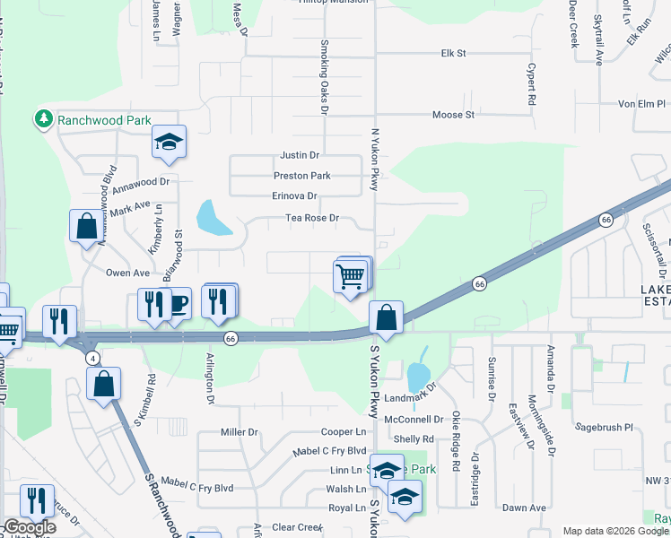 map of restaurants, bars, coffee shops, grocery stores, and more near 4100 Evening Star Court in Yukon