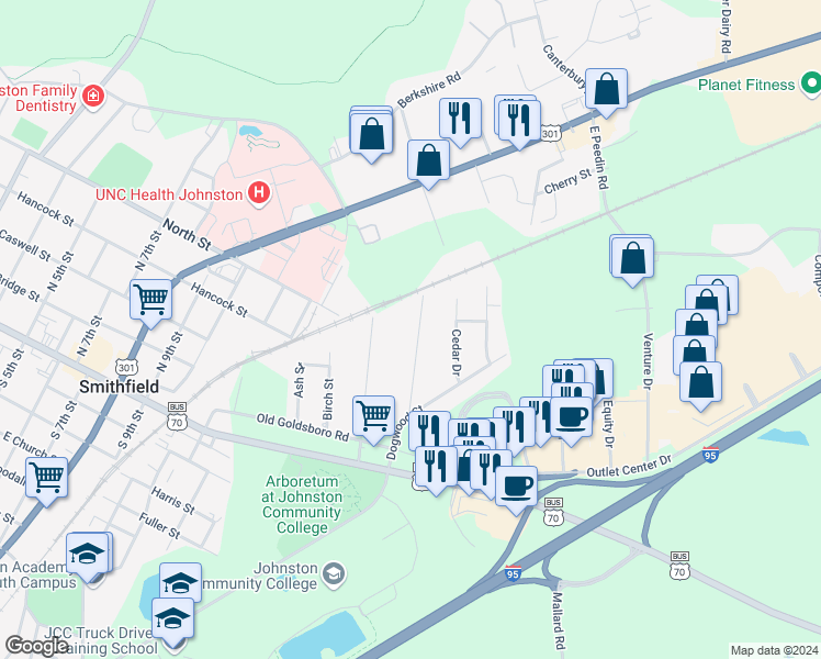 map of restaurants, bars, coffee shops, grocery stores, and more near 501 Oak Street in Smithfield