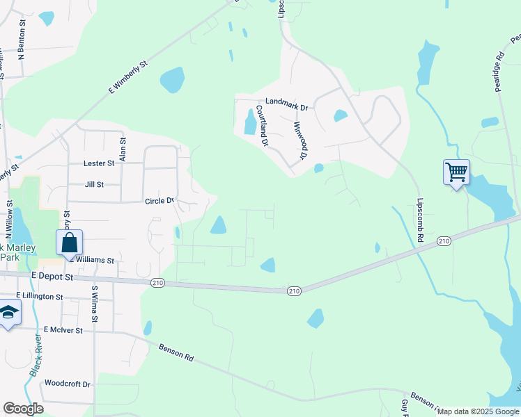 map of restaurants, bars, coffee shops, grocery stores, and more near 48 Bloodroot Street in Angier