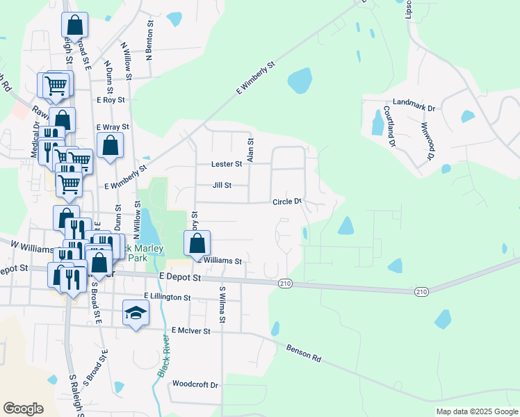 map of restaurants, bars, coffee shops, grocery stores, and more near 562 Circle Drive in Angier