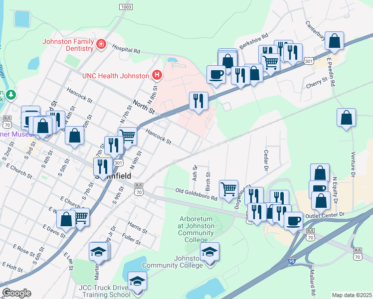 map of restaurants, bars, coffee shops, grocery stores, and more near 1107 Hancock Street in Smithfield