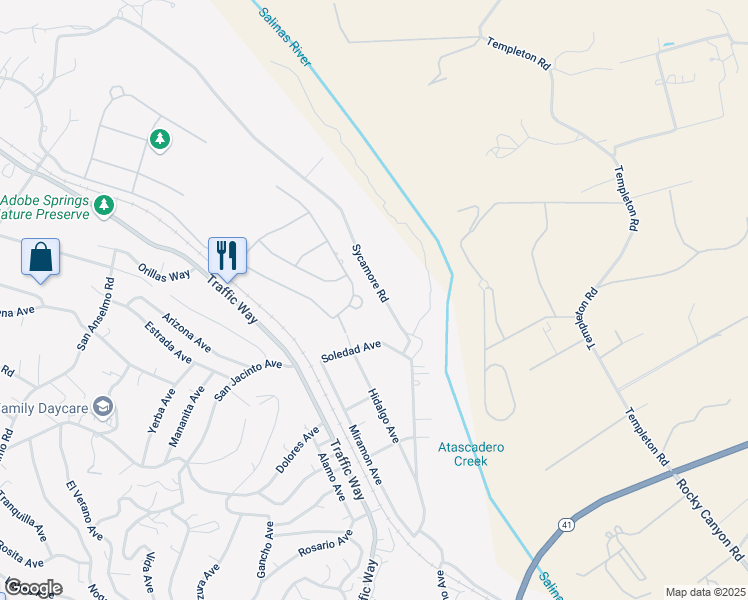 map of restaurants, bars, coffee shops, grocery stores, and more near 4541 Sycamore Road in Atascadero