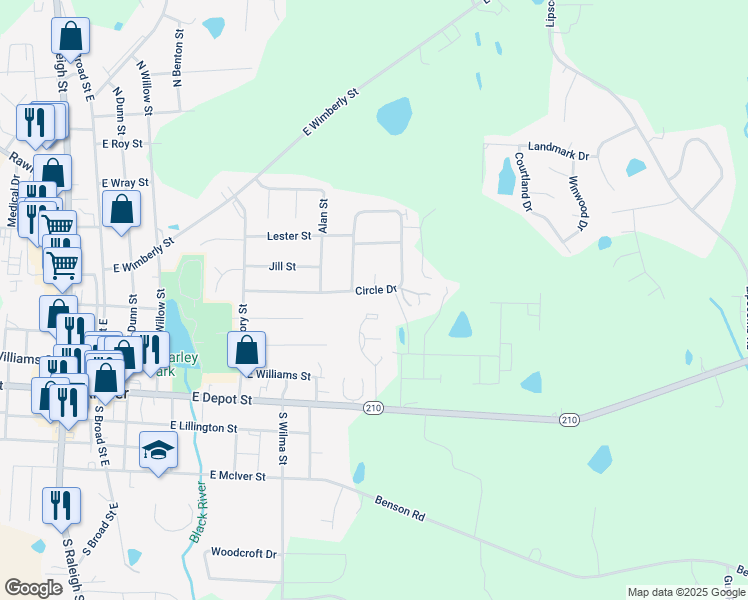 map of restaurants, bars, coffee shops, grocery stores, and more near 669 Circle Drive in Angier