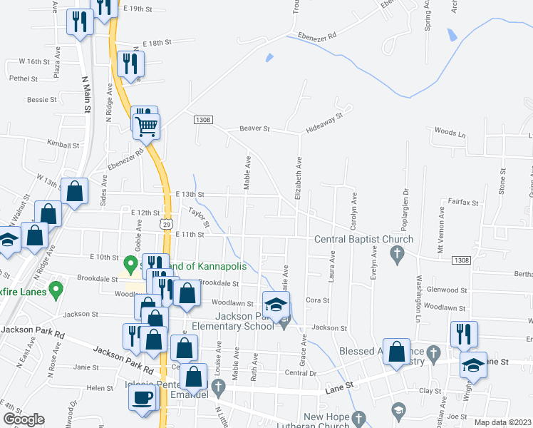 map of restaurants, bars, coffee shops, grocery stores, and more near 1301 Martha Street in Kannapolis