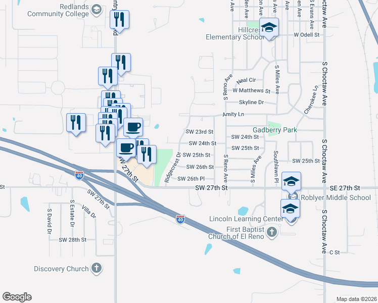 map of restaurants, bars, coffee shops, grocery stores, and more near 814 Southwest 24th Street in El Reno