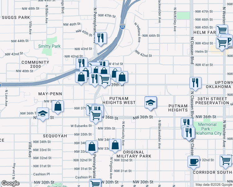 map of restaurants, bars, coffee shops, grocery stores, and more near 1940 Northwest 39th Street in Oklahoma City