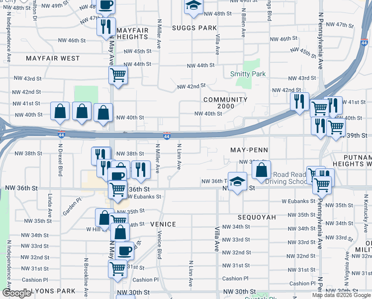 map of restaurants, bars, coffee shops, grocery stores, and more near 2600 Northwest 39th Street in Oklahoma City