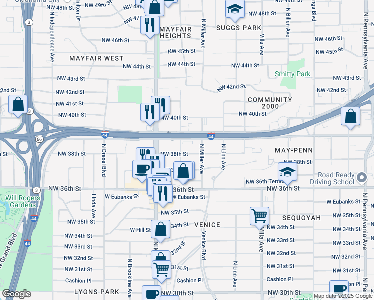 map of restaurants, bars, coffee shops, grocery stores, and more near 2800 Northwest 39th Street in Oklahoma City