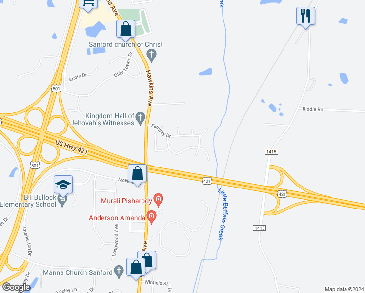map of restaurants, bars, coffee shops, grocery stores, and more near 2013 Beachwood Drive in Sanford