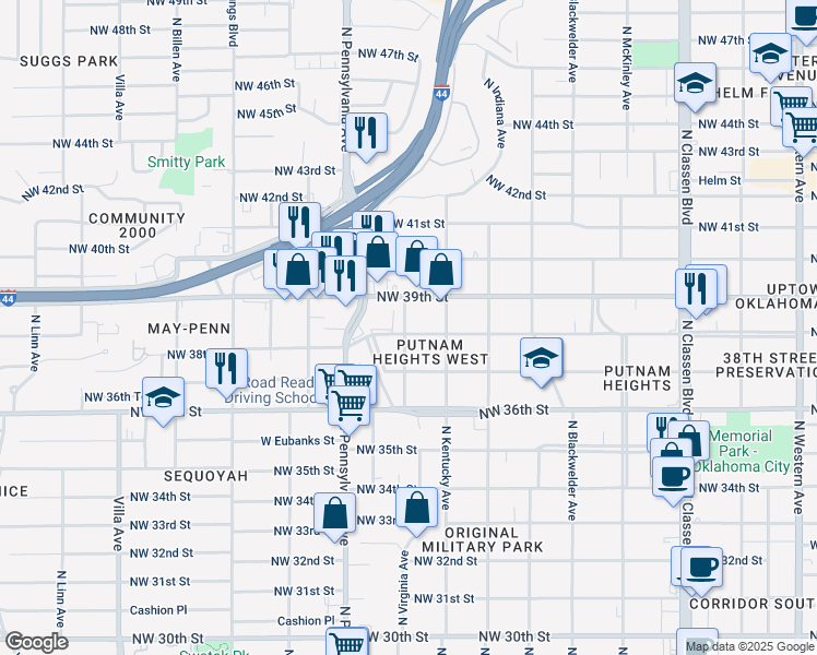 map of restaurants, bars, coffee shops, grocery stores, and more near 1933 Northwest 38th Street in Oklahoma City