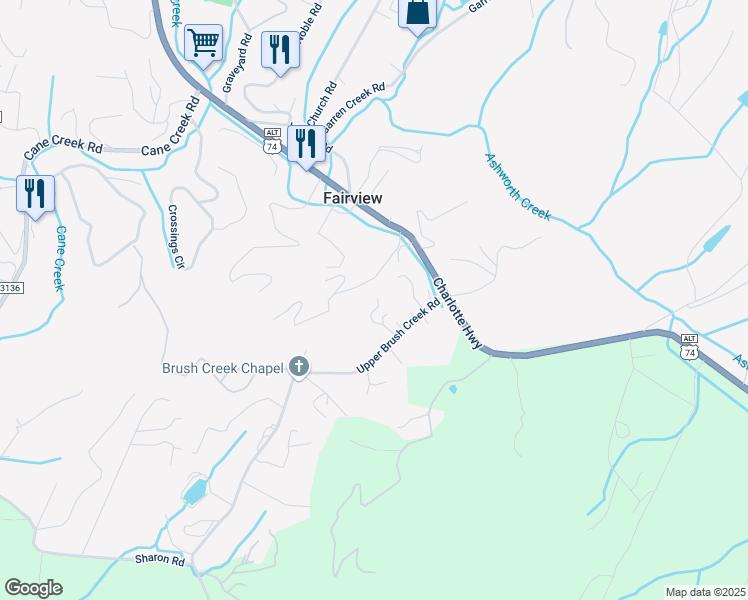 map of restaurants, bars, coffee shops, grocery stores, and more near 1360 Upper Brush Creek Road in Fairview