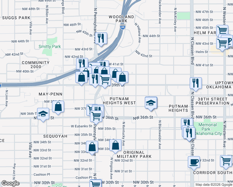 map of restaurants, bars, coffee shops, grocery stores, and more near 1940 Northwest 39th Street in Oklahoma City