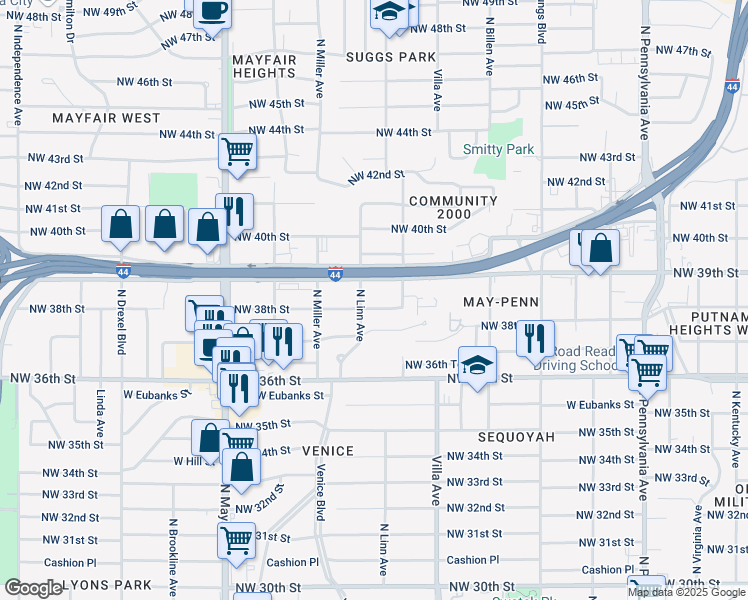 map of restaurants, bars, coffee shops, grocery stores, and more near 2600 Northwest 39th Street in Oklahoma City