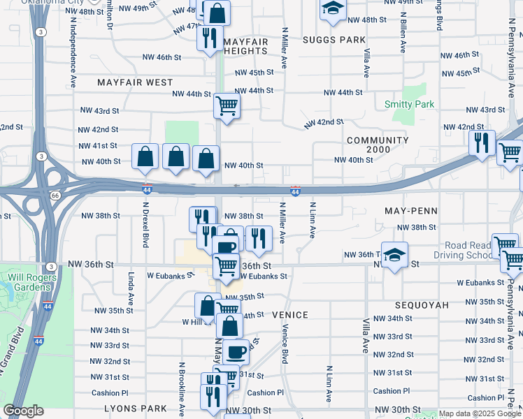 map of restaurants, bars, coffee shops, grocery stores, and more near 2800 Northwest 39th Street in Oklahoma City