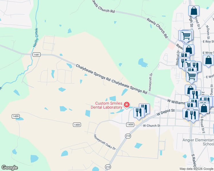 map of restaurants, bars, coffee shops, grocery stores, and more near 779 Chalybeate Springs Road in Angier