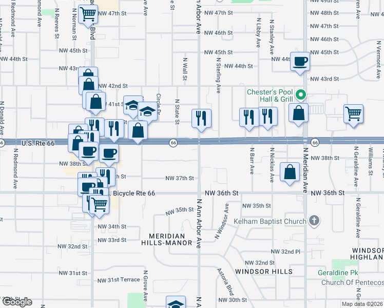 map of restaurants, bars, coffee shops, grocery stores, and more near 5508 Northwest 39th Street in Warr Acres