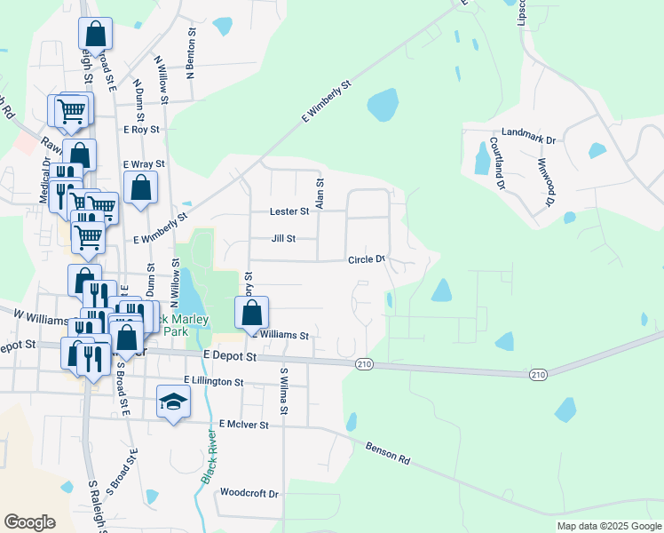 map of restaurants, bars, coffee shops, grocery stores, and more near 562 Circle Drive in Angier