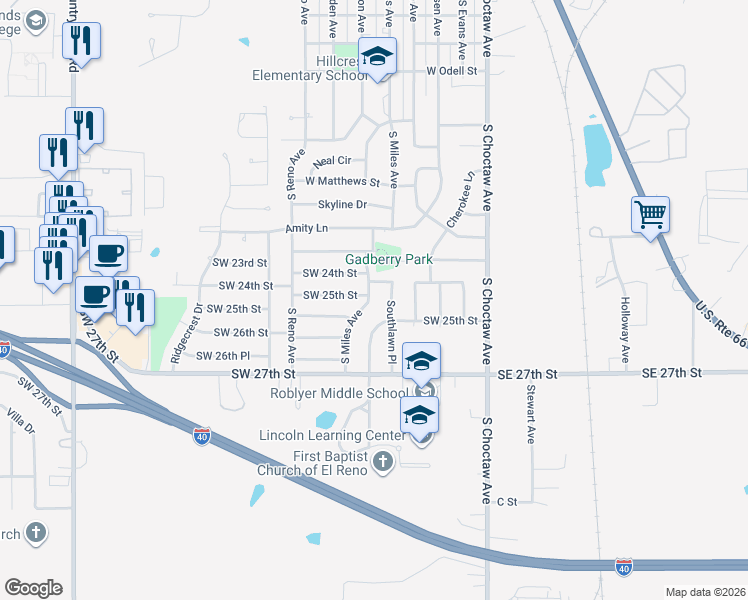 map of restaurants, bars, coffee shops, grocery stores, and more near 504 Southwest 25th Street in El Reno