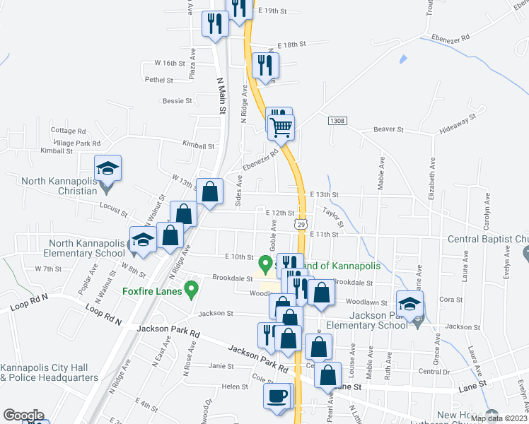 map of restaurants, bars, coffee shops, grocery stores, and more near 504 East 12th Street in Kannapolis