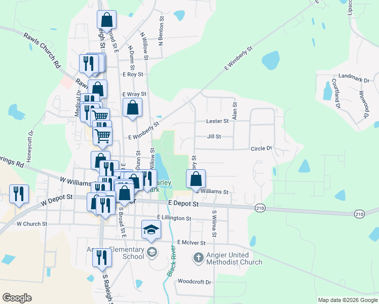 map of restaurants, bars, coffee shops, grocery stores, and more near 287 North Hickory Street in Angier