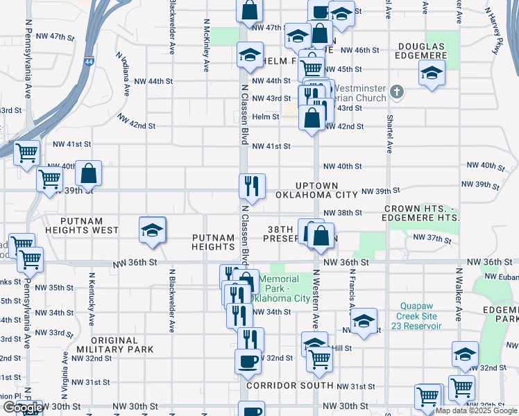 map of restaurants, bars, coffee shops, grocery stores, and more near 1227 Northwest 38th Street in Oklahoma City